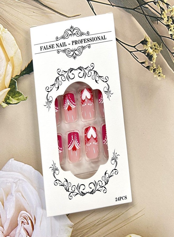 TBRZTR Valentine's Medium Square & Coffin Nails, 24Pcs Pink French Tip Heart Press On False Nails, Glossy Acrylic Material, Full Cover, DIY Stick On Nails - Image 5